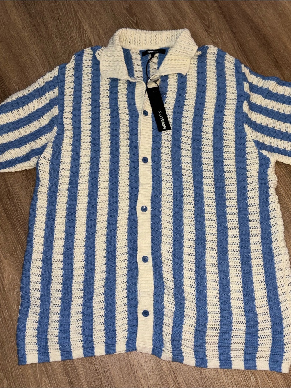NWT Nova Men Clark Striped Knit Button Up Shirt XXL Blue Cream Crochet Polo b150